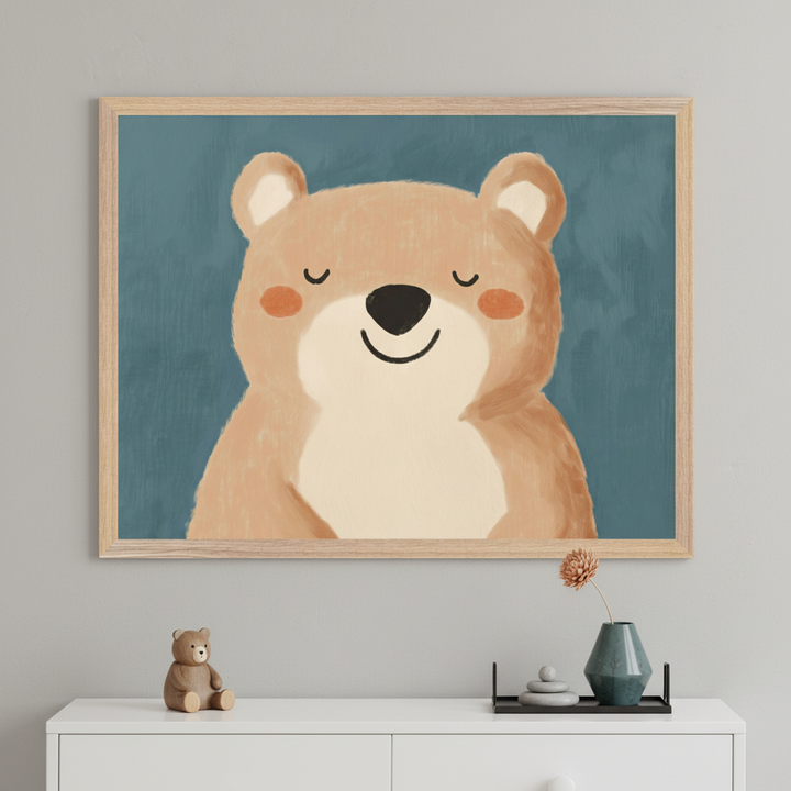 Modern child's room with a white dresser. A large, wood-framed painting of a happy brown cartoon bear on a blue background hangs above the dresser. A small wooden bear and a vase are on the dresser.