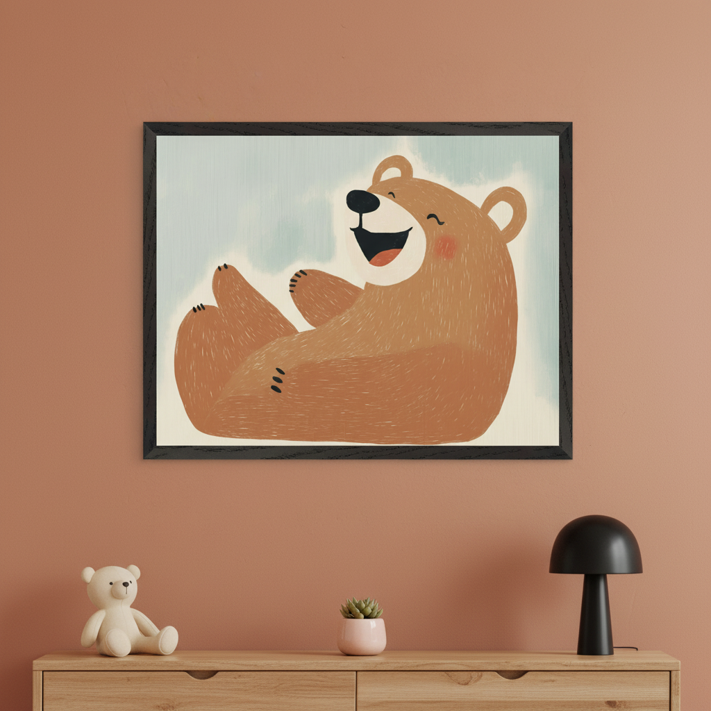 Modern kid's room with a light wood dresser. A large framed illustration of a happy brown bear lying on its back, laughing, hangs above the dresser. A white teddy bear, a small succulent, and a black mushroom lamp are on the dresser.