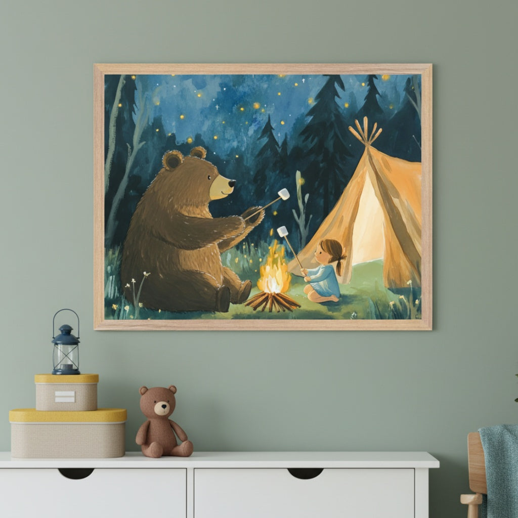 Kid's bedroom with a sage green wall. A large framed illustrative painting of a bear and a girl roasting marshmallows by a campfire near a tent at night hangs above a white dresser. A teddy bear is on the dresser.