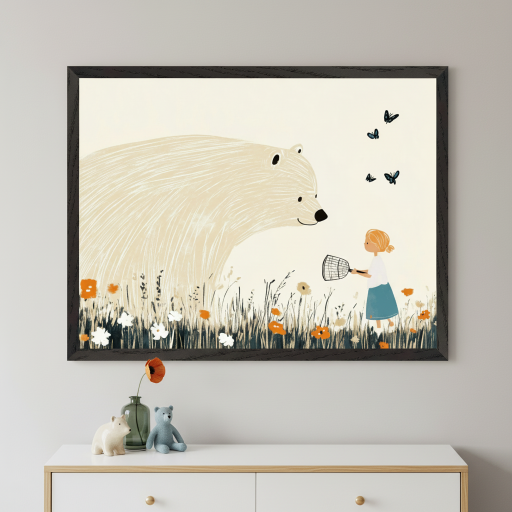 Kid's room with a white dresser. A large framed illustration of a white bear and a girl with a butterfly net in a field of flowers hangs above the dresser.