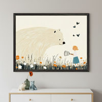 Kid's room with a white dresser. A large framed illustration of a white bear and a girl with a butterfly net in a field of flowers hangs above the dresser.