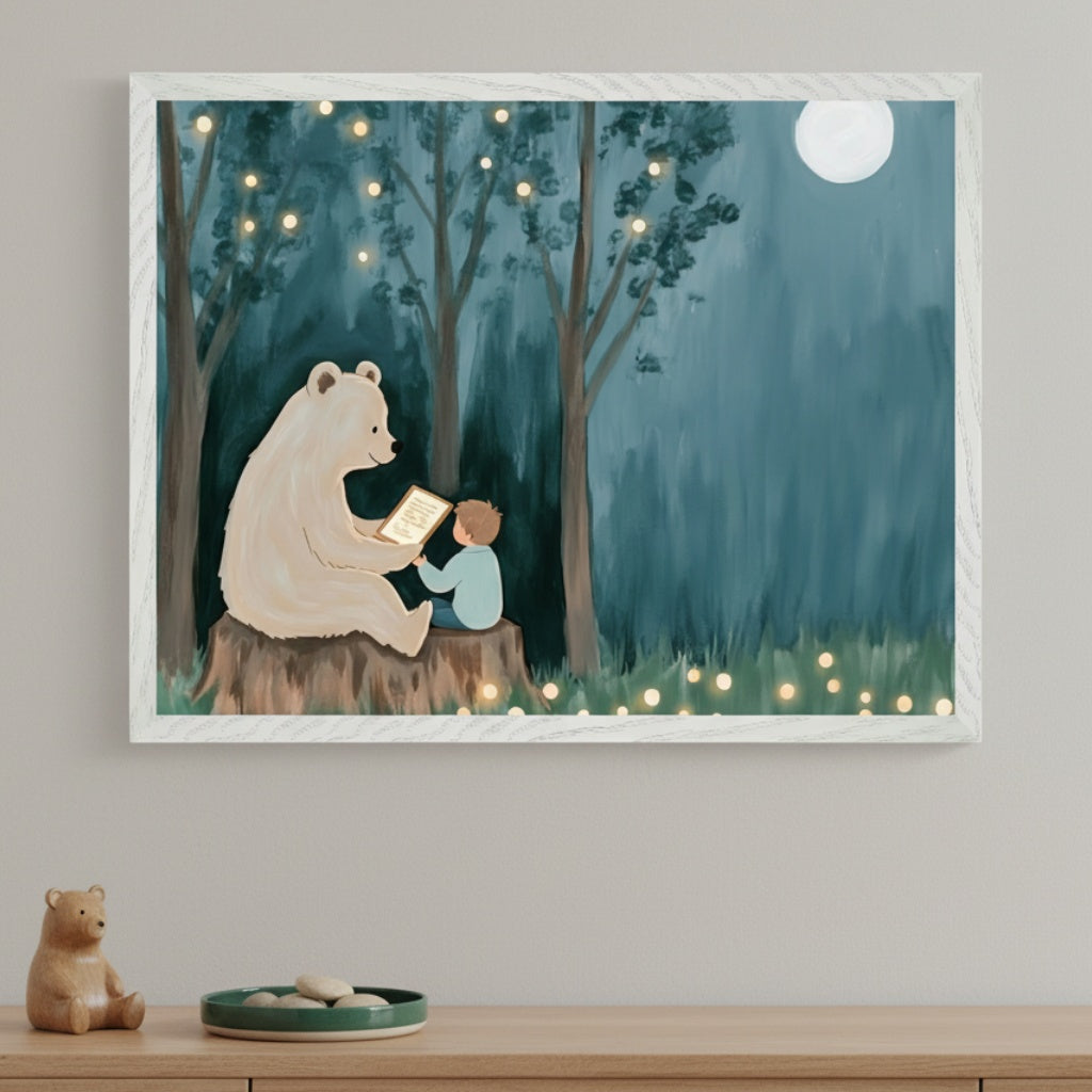 Modern child's room with a light wood table. A framed painting above shows a large white bear reading a glowing book to a small child on a tree stump in a dark forest with hanging lights and a full moon, in a whimsical style.