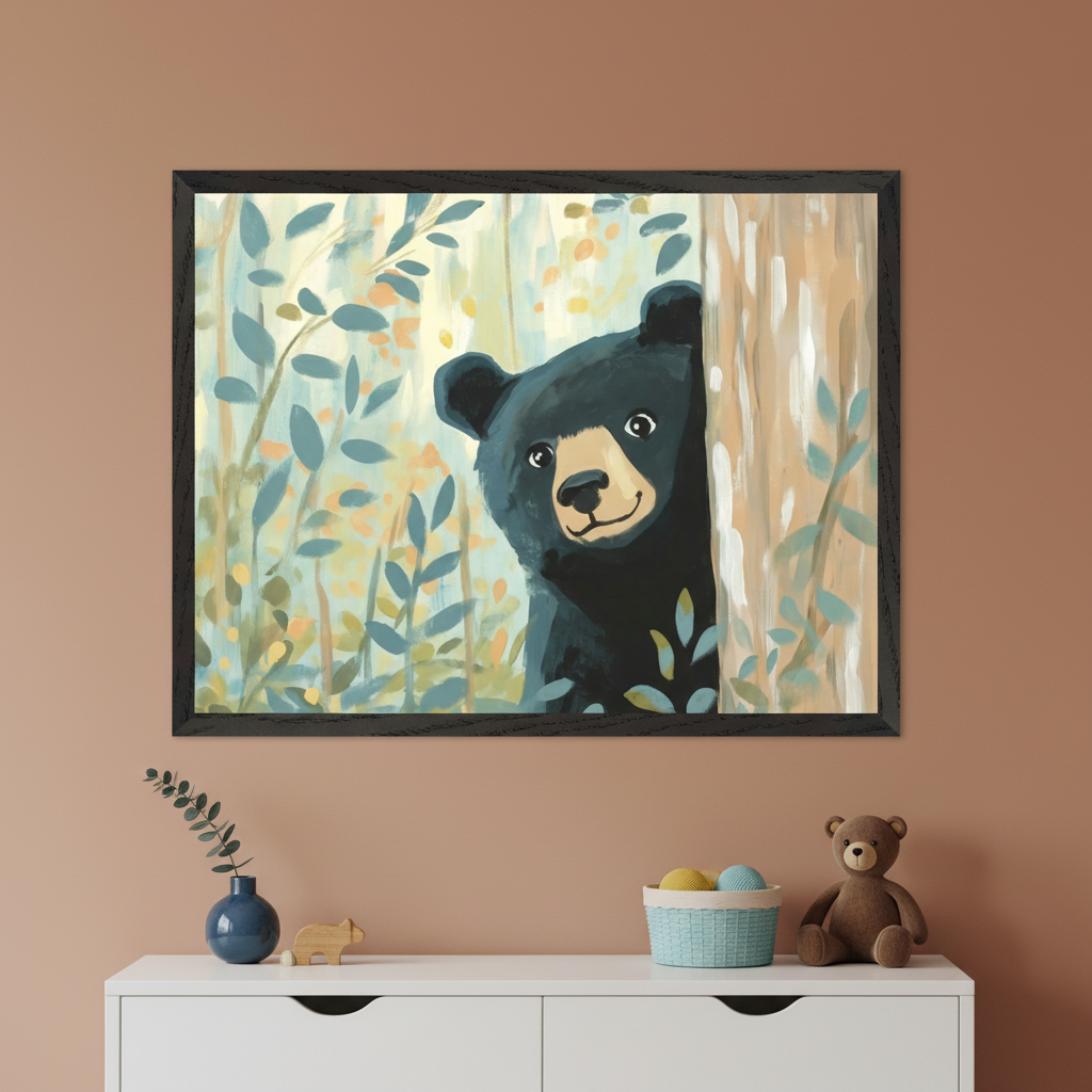 Modern kid's room with a white dresser. A framed painting of a black bear peeking from behind a tree in a painted forest scene hangs centered above the dresser. A vase, wooden toy bear, basket of yarn, and teddy bear are on the dresser.