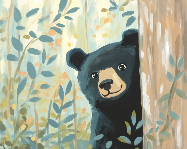 Playful illustration of a black bear peeking from behind a tree trunk with a friendly smile, surrounded by soft, leafy forest foliage in muted greens, blues, and oranges. The bear’s bright eyes and cheerful expression add a whimsical charm to the woodland scene.