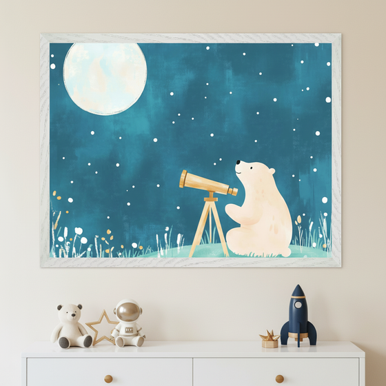 Modern children's room with a white dresser. A framed watercolor illustration of a polar bear with a telescope looking at the moon and stars hangs above the dresser.