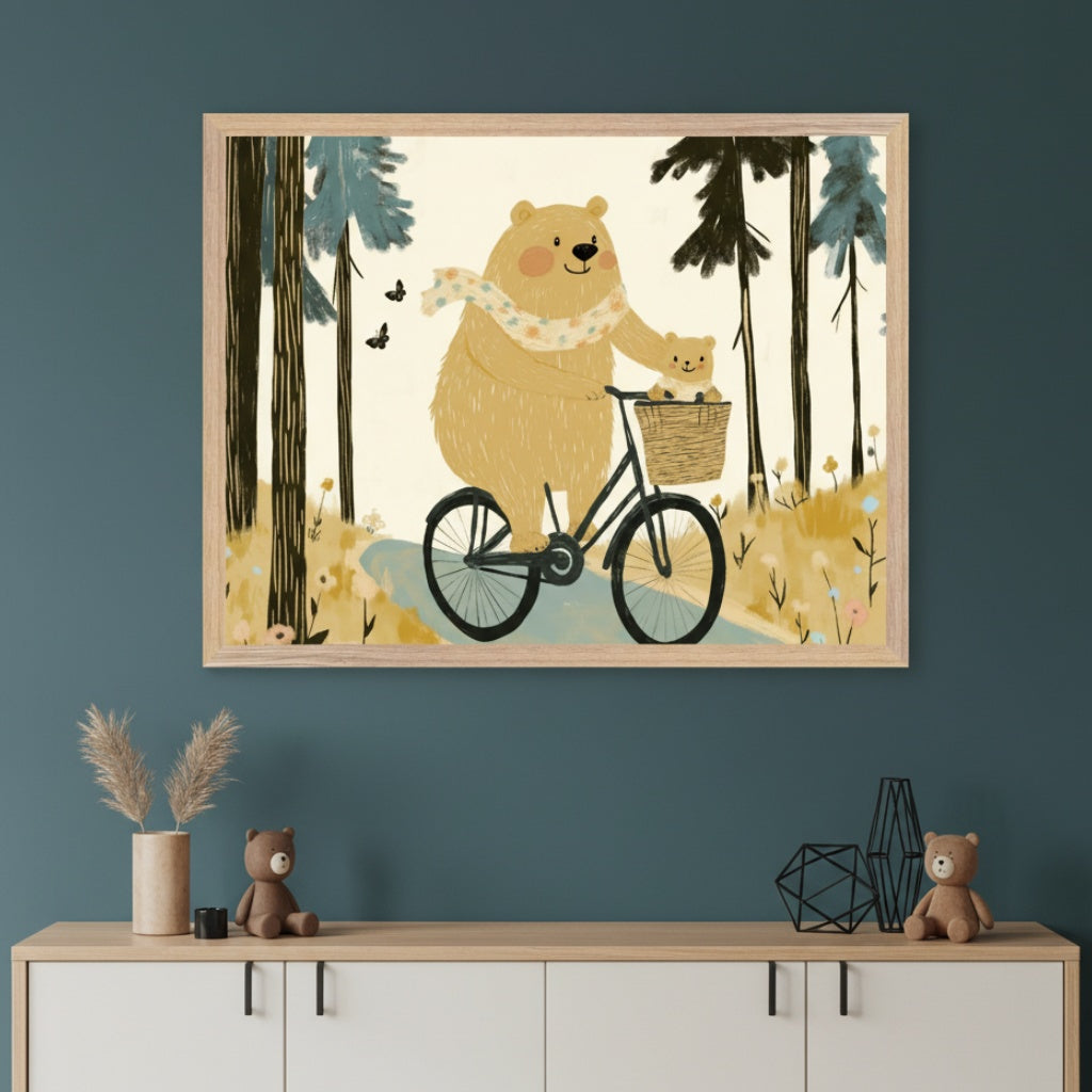 Modern room with a teal wall and a light wood and white dresser. A large framed whimsical illustration of a brown bear riding a bicycle with a cub in the basket in a forest hangs above the dresser.