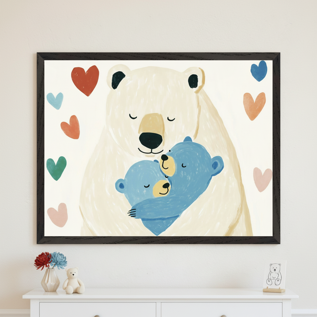 Kid's room with a white dresser. A large framed print of a white bear embracing two blue bear cubs forming a heart shape, surrounded by colorful hearts, hangs above. A vase, teddy bear, and bear drawing are on the dresser.