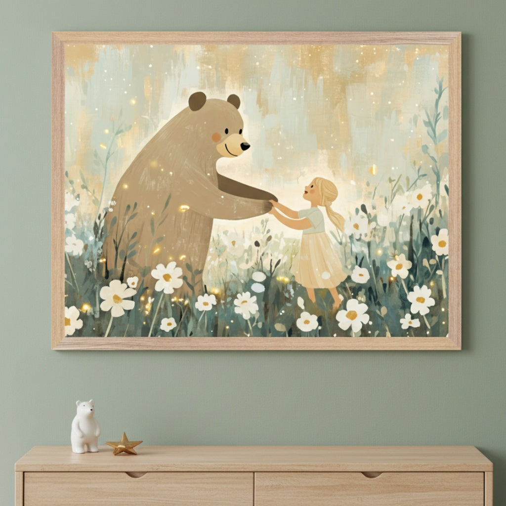 Kid's room with a light wood dresser. A framed whimsical painting of a brown bear and a blonde girl holding hands in a field of white flowers with sparkling lights hangs centered above the dresser.