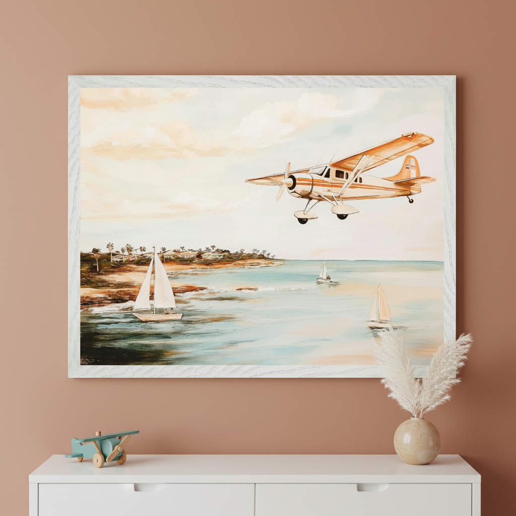 Kid's room with a white dresser. A large framed painting depicting an orange-winged airplane flying over an ocean coastline with sailboats hangs centered above the dresser. A wooden toy airplane and a vase with pampas grass are on the dresser.