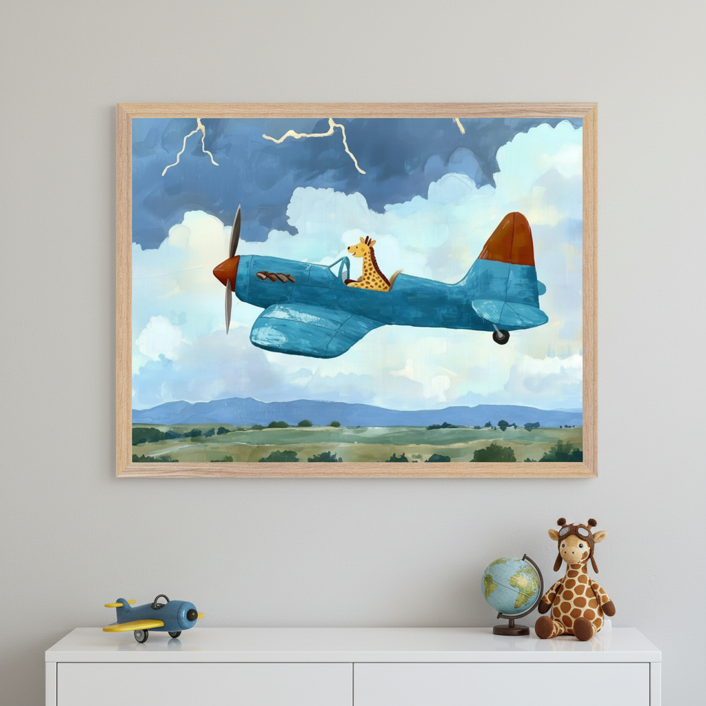 Airplane Wall Art for Nursery, Playroom or Kids Bedrooms - Whimsical Giraffe Pilot in a Blue Vintage Plane Flying Decor - Aviator Spots