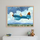 Kid's room with a white dresser. A framed painting of a blue propeller plane piloted by a giraffe, flying through stormy clouds over green hills, hangs centered above. A toy plane, globe, and giraffe plush are on the dresser.