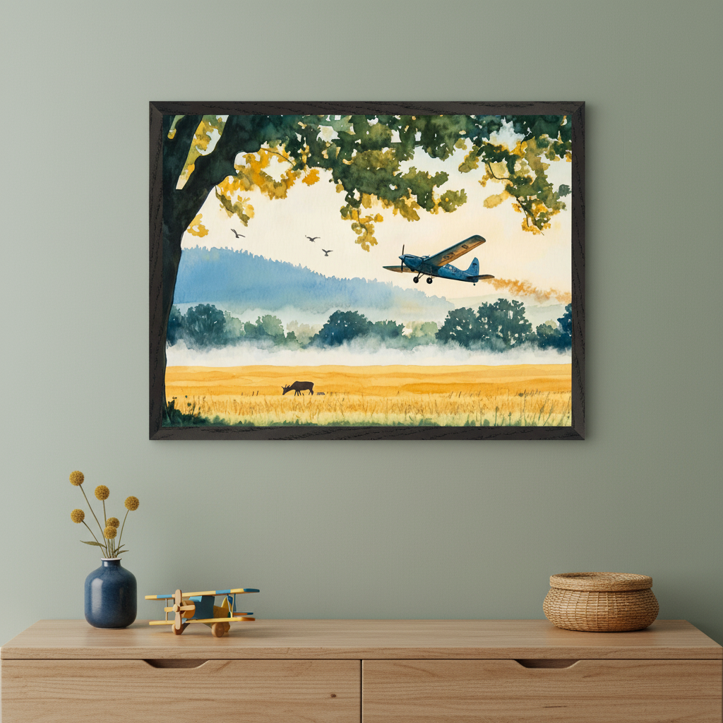 Modern living room with a light wood dresser. A large framed watercolor painting of a landscape with a yellow field, misty mountains, a blue biplane spraying over the field, and a dark animal grazing, hangs centered above the dresser. A tree frames the left side.
