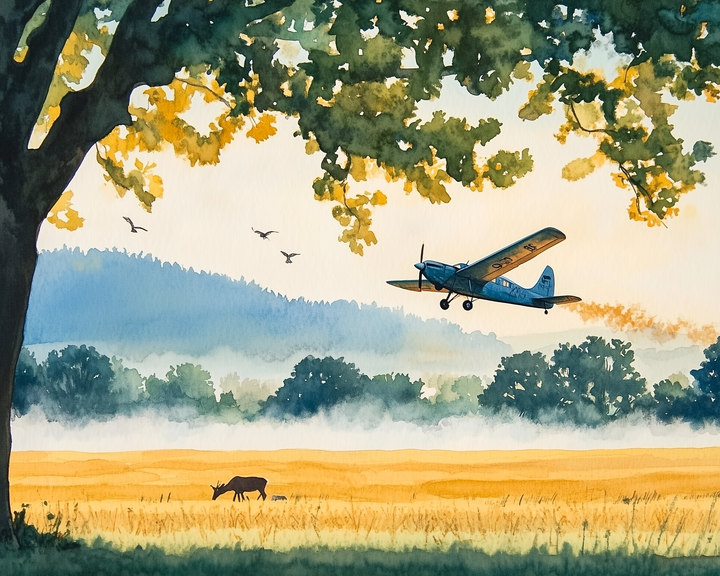 A vintage blue airplane flies low over a golden field at sunrise or sunset, trailing a faint line of smoke. A deer grazes peacefully in the field below, while birds soar in the sky and tall trees frame the serene, misty landscape.
