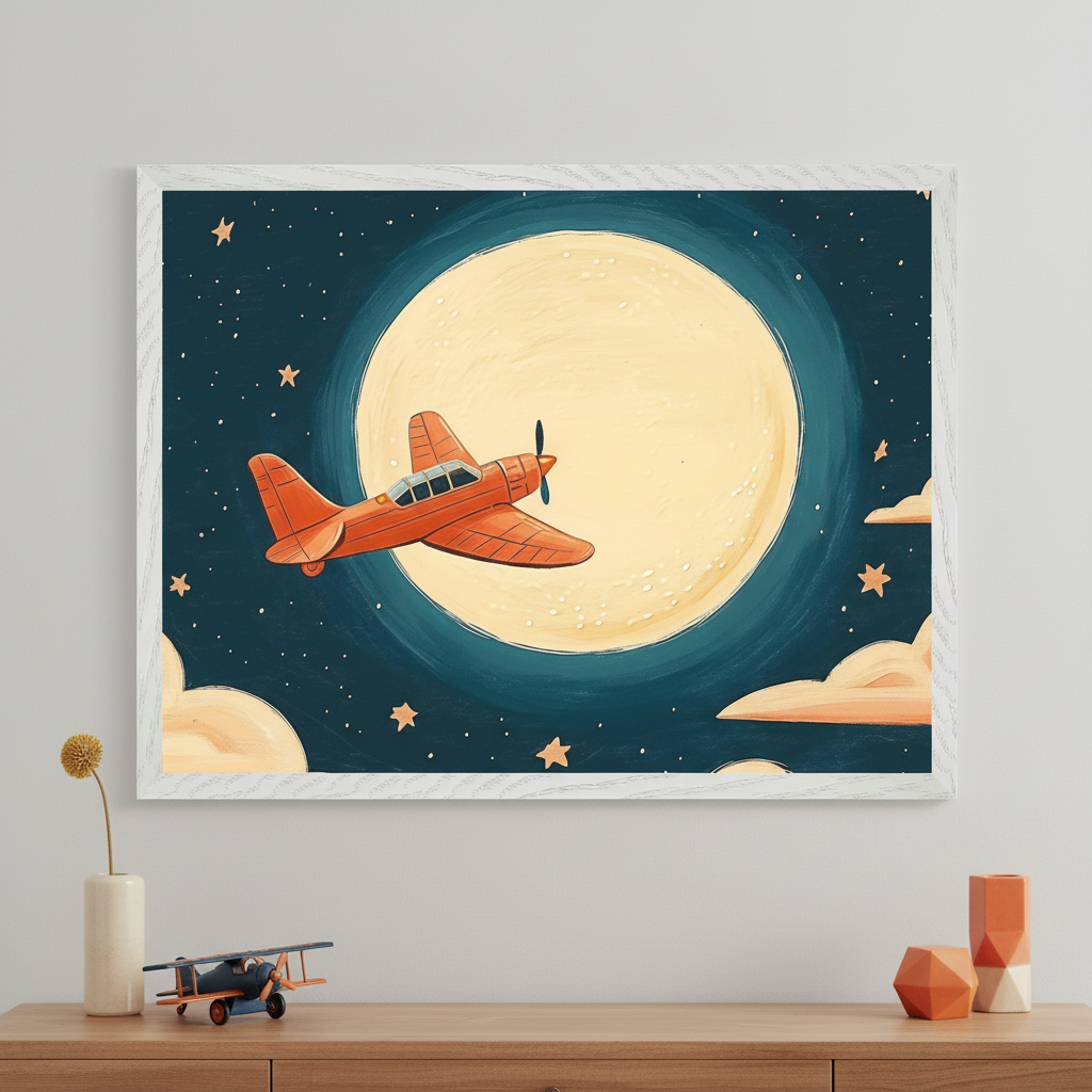 Kid's room with a wooden dresser. A white-framed print of an orange biplane flying past a full moon, stars, and clouds in a cartoon style hangs above the dresser.