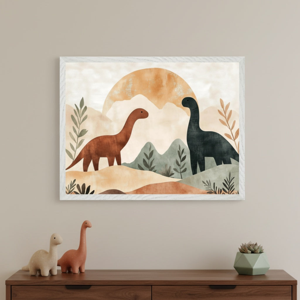 Modern kid's room with a dark wood dresser. A white-framed print of two long-necked dinosaurs (brown and dark teal) in a minimalist, muted landscape with hills and a large orange sun hangs centered above the dresser. Dinosaur figurines and a succulent planter are on the dresser.c