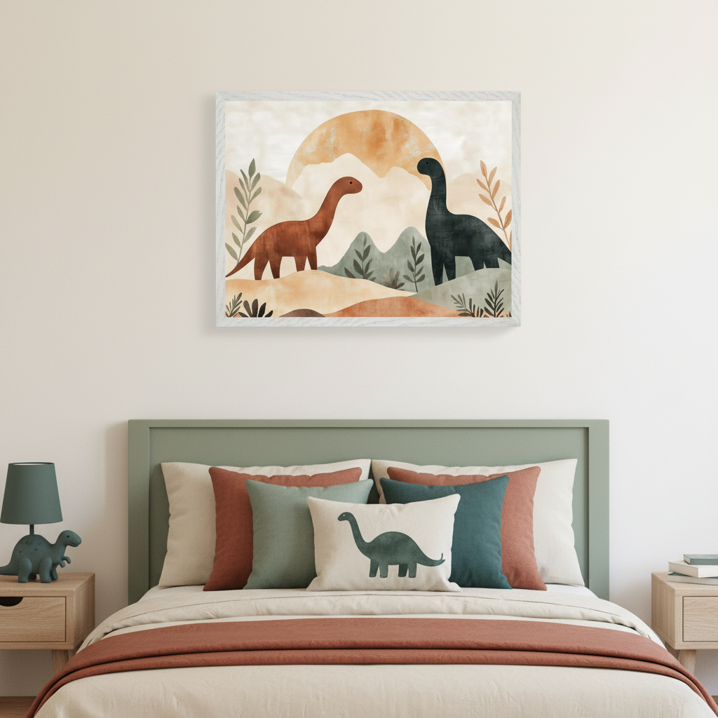 Kid's bedroom with a bed with green headboard and two nightstands. Above the bed, a textured white framed print features two dinosaurs in a boho watercolor landscape with mountains and a sun.