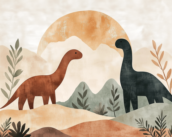 A red and a dark blue dinosaur stand on rolling hills surrounded by soft desert plants, with a sun rising or setting behind distant mountains.
