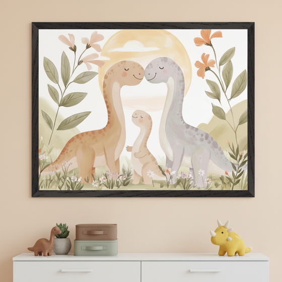 Kid's room with a white dresser. A large framed watercolor print of a loving dinosaur family in a flower field under a sun hangs above the dresser. On the dresser are a wooden dinosaur, a succulent, stacked storage boxes, and a yellow plush dinosaur toy.