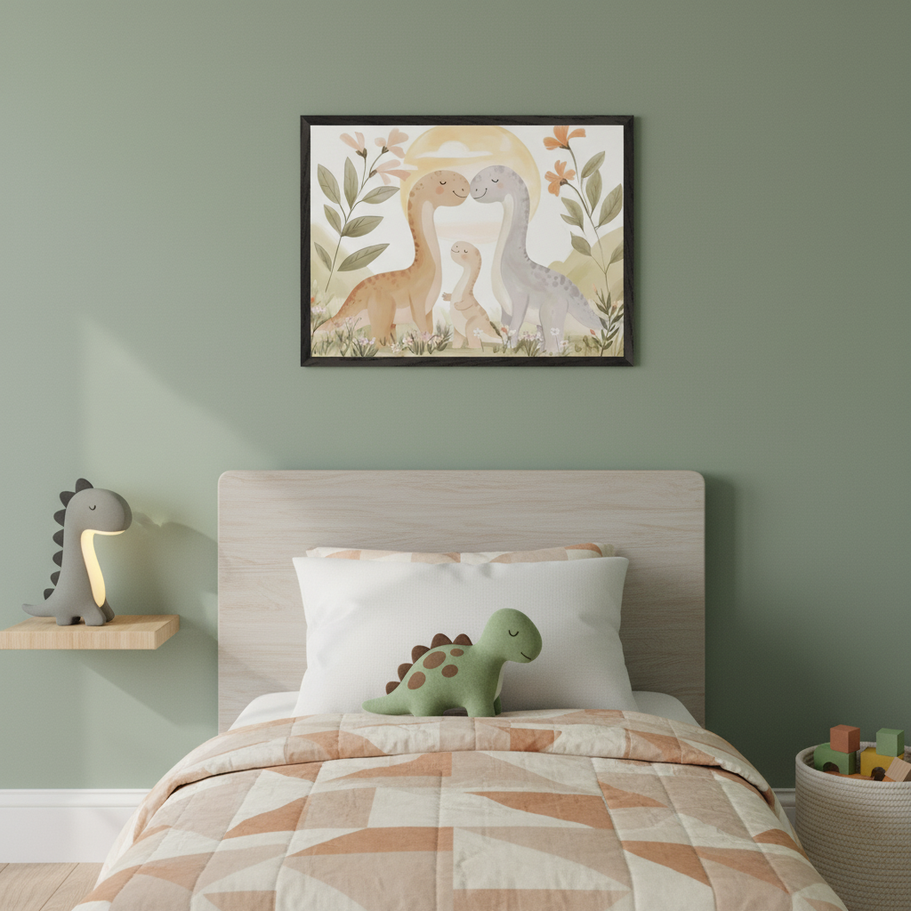 Green-walled kid's bedroom with a bed and light wood headboard. A framed watercolor illustration of a dinosaur family (two adults, one baby) in a field with flowers and a sun hangs centered above the bed. A green plush dinosaur is on the bed and a grey dinosaur lamp on a shelf.