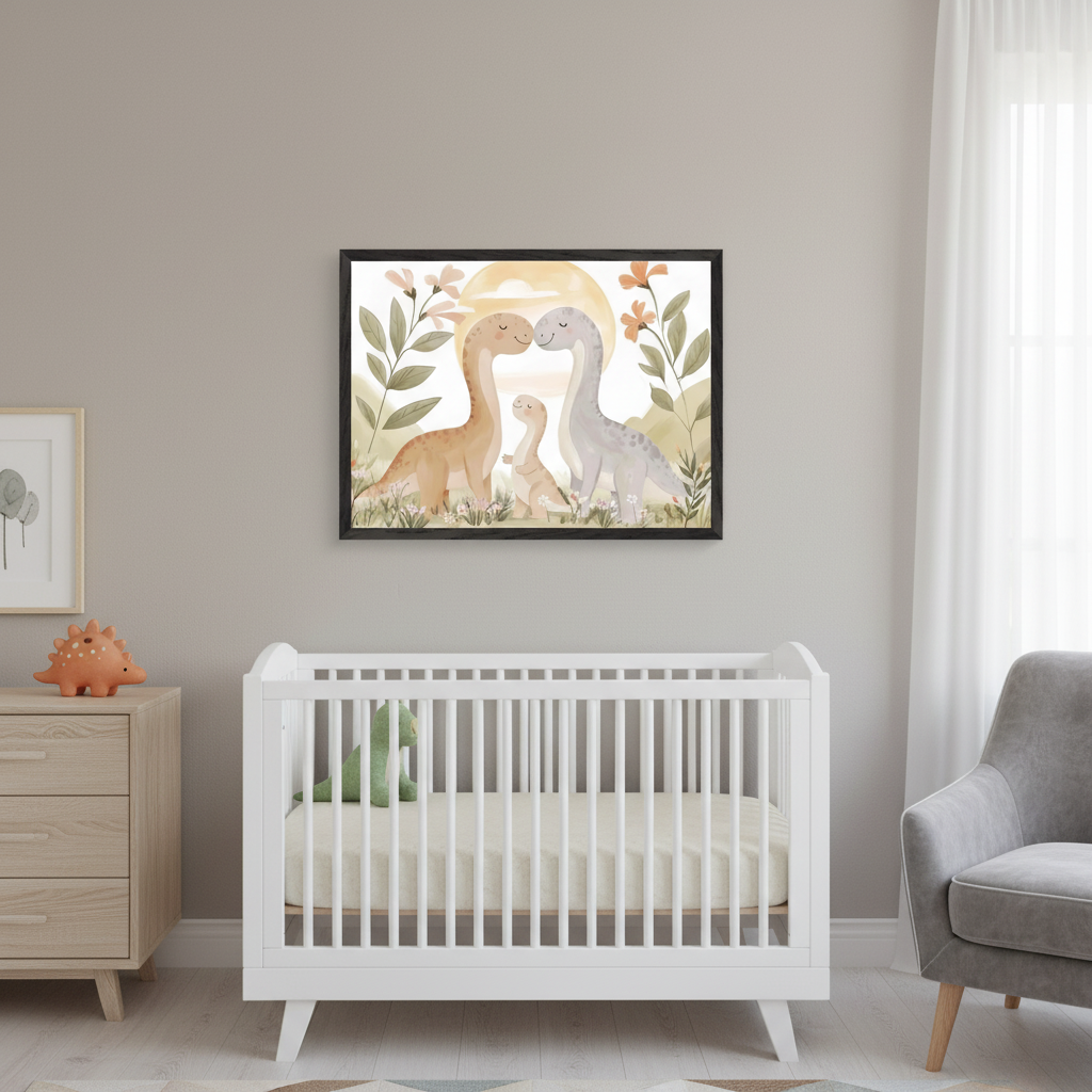 Modern nursery with a white crib, wooden dresser, and grey armchair. A black-framed watercolor print of an orange-brown and a grey dinosaur nuzzling with a baby dinosaur between them, in a flowery landscape under a pale sun, hangs above the crib.