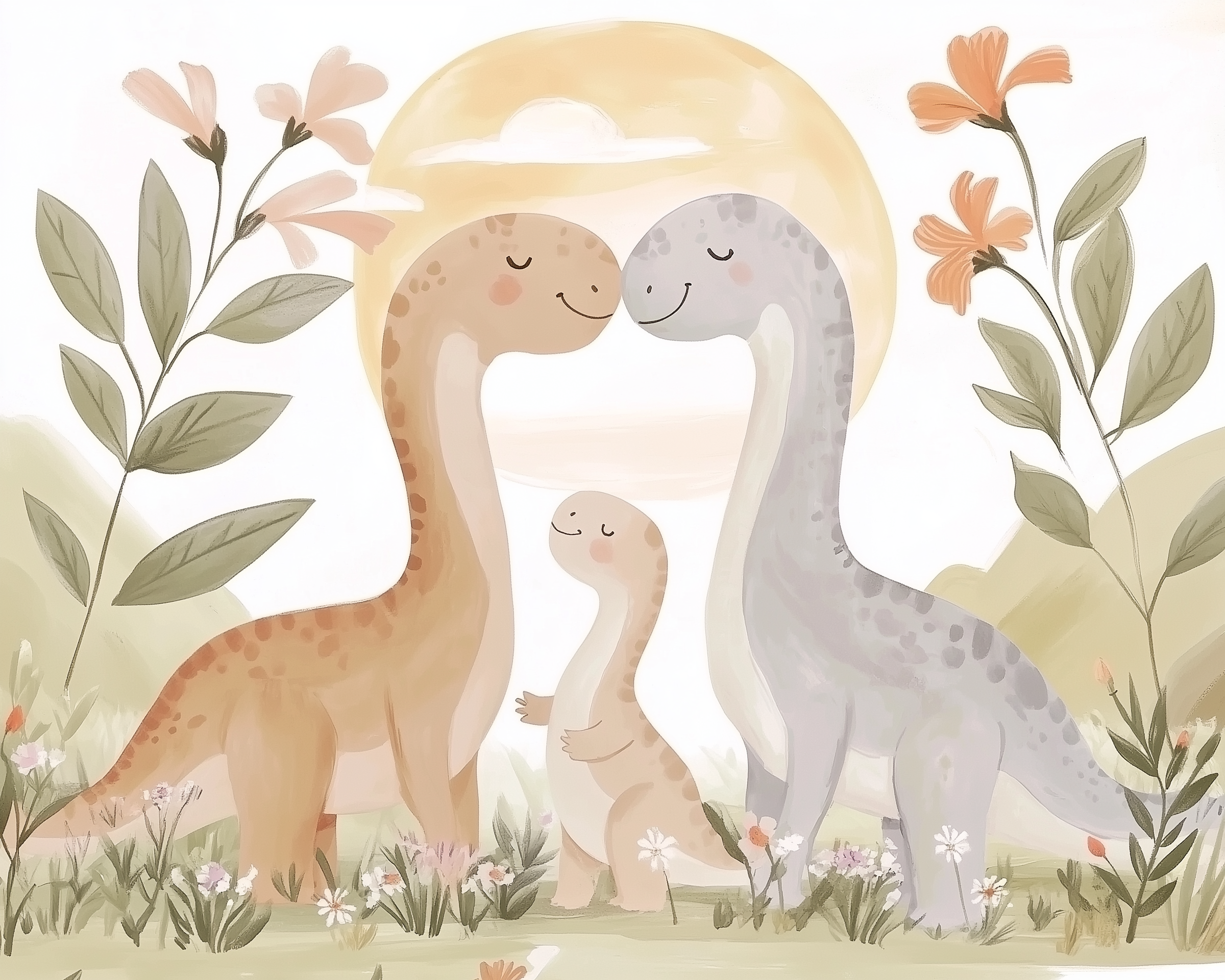 Two smiling adult dinosaurs and their child nuzzle together in a peaceful, flower-filled landscape with soft pink blooms and a warm yellow sun.

