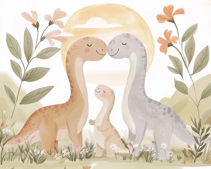 Two smiling adult dinosaurs and their child nuzzle together in a peaceful, flower-filled landscape with soft pink blooms and a warm yellow sun.
