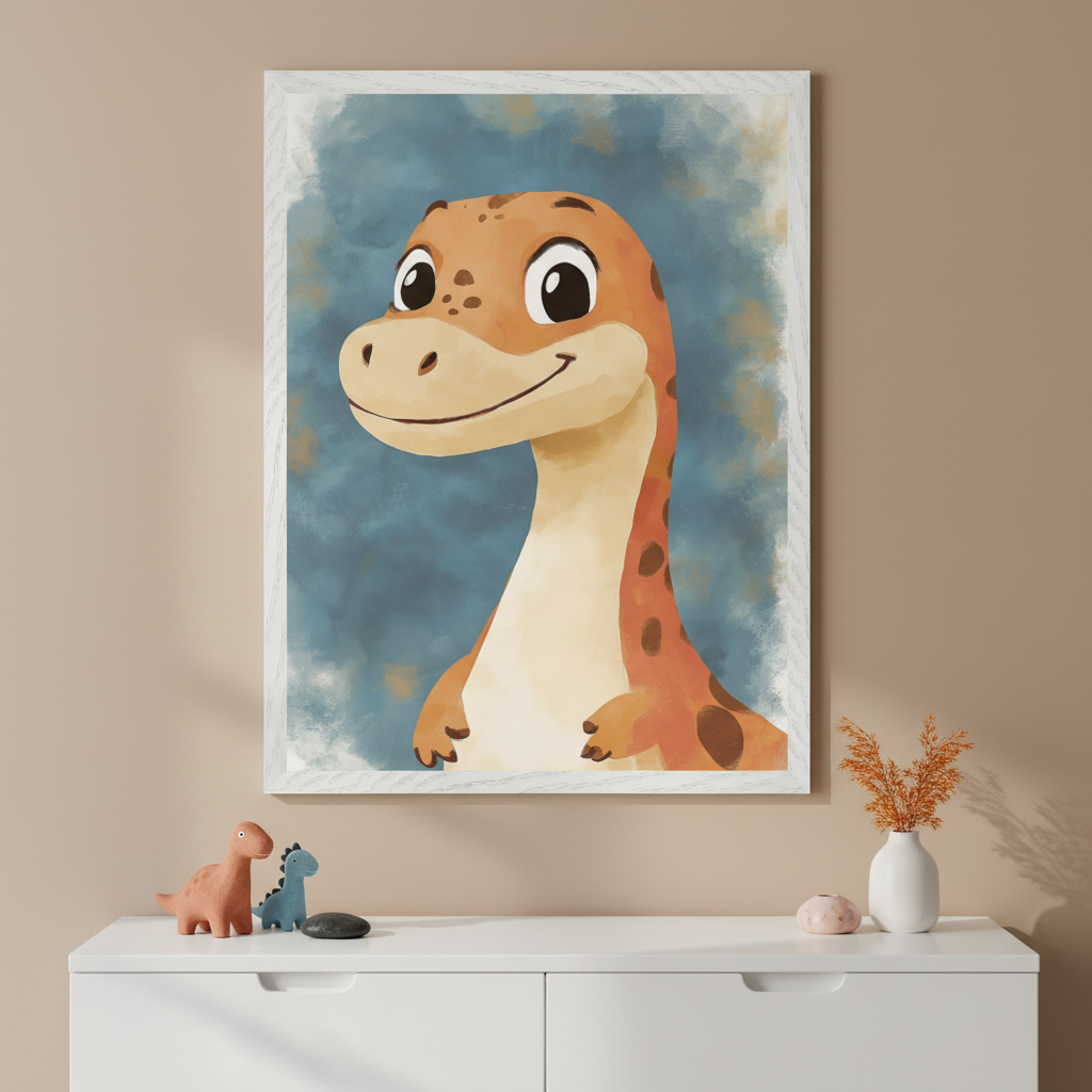 Kid's room with a white two-drawer dresser. A large framed watercolor print of a friendly orange spotted dinosaur on a blue background hangs above the dresser. Small dinosaur figurines, a pink stone, and dried flowers in a white vase are on the dresser.
