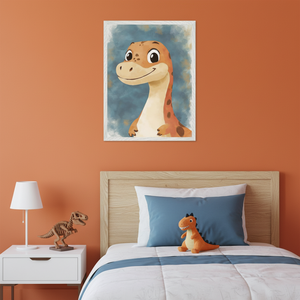 Kid's bedroom with orange walls. A wooden bed with white and blue bedding holds a stuffed orange dinosaur. A white nightstand with a lamp and dinosaur skeleton model sits beside the bed. Above, a framed print features a smiling orange cartoon dinosaur against a blue watercolor background.