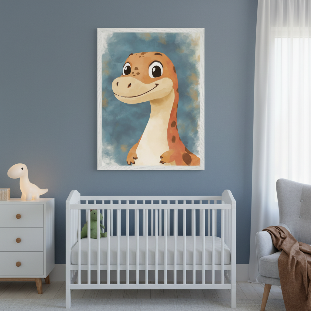 Modern nursery with blue walls. A large framed painting of a smiling orange cartoon dinosaur hangs above a white crib. A white dresser is on the left, and a gray armchair with a brown blanket is on the right.