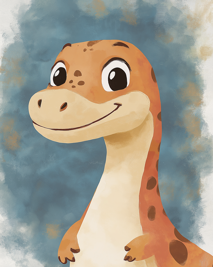 A cheerful orange dinosaur with big eyes and brown spots smiles at the viewer with a friendly expression, set against a cloudy, painted blue backdrop.
