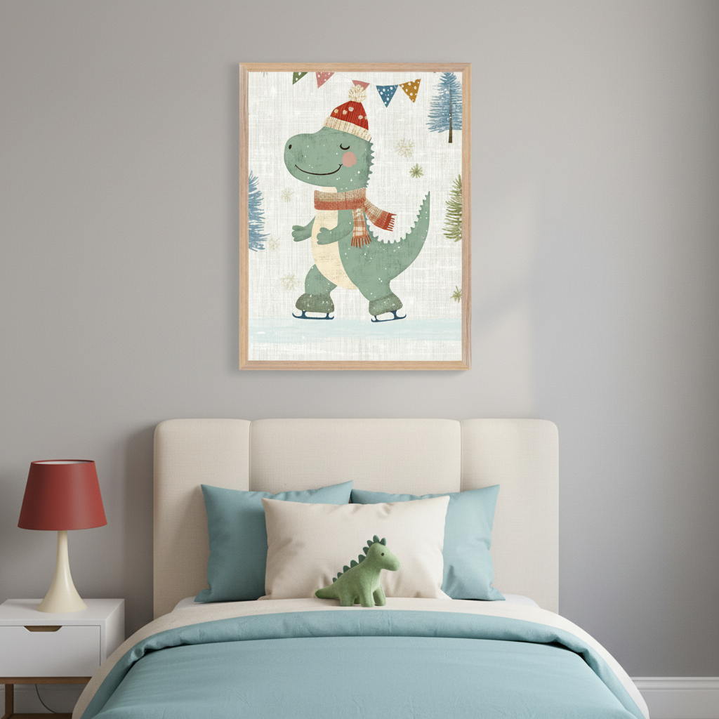 Kid's bedroom with a cream upholstered bed and white nightstand. Above the bed, a framed cartoon illustration shows a green dinosaur in a red hat and scarf, ice skating in a winter scene with trees and banners.