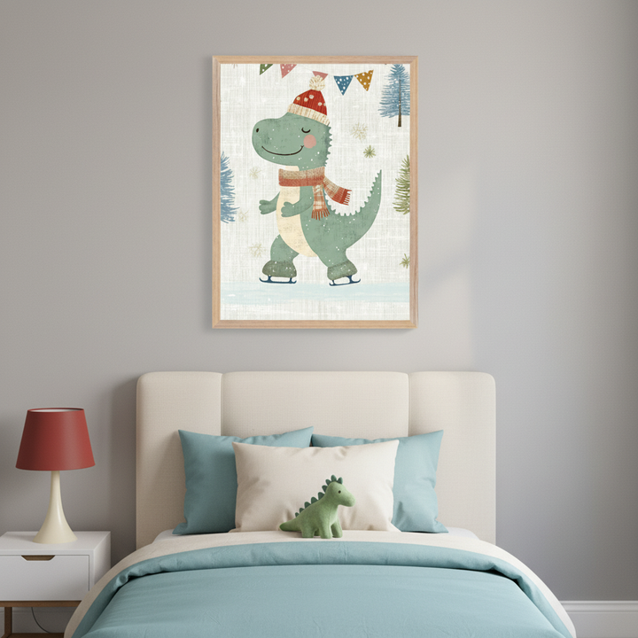 Kid's bedroom with a cream upholstered bed and white nightstand. Above the bed, a framed cartoon illustration shows a green dinosaur in a red hat and scarf, ice skating in a winter scene with trees and banners.