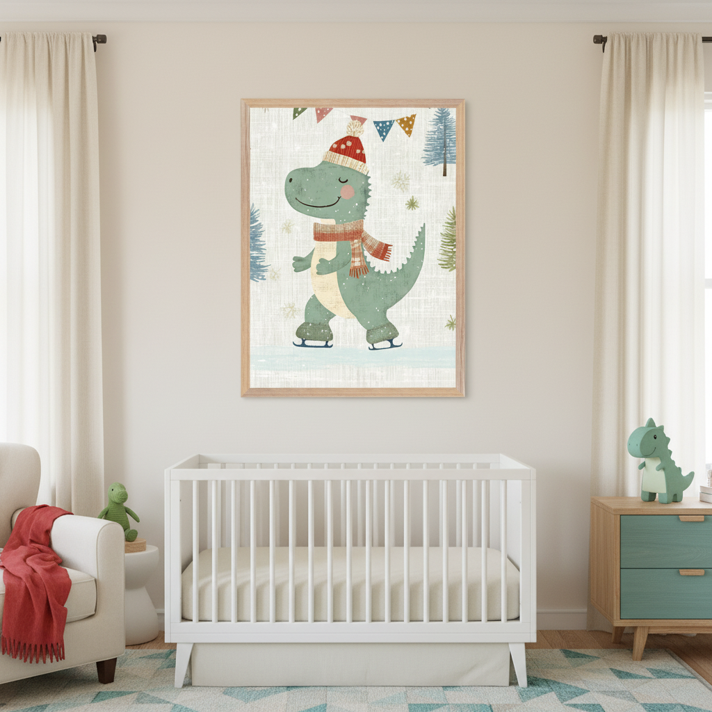 Modern nursery with a white crib. A large framed illustration of a green dinosaur in a red hat and scarf, ice skating, hangs above the crib. A cream armchair is on the left, and a wood and teal dresser on the right.