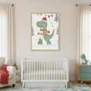 Modern nursery with a white crib. A large framed illustration of a green dinosaur in a red hat and scarf, ice skating, hangs above the crib. A cream armchair is on the left, and a wood and teal dresser on the right.