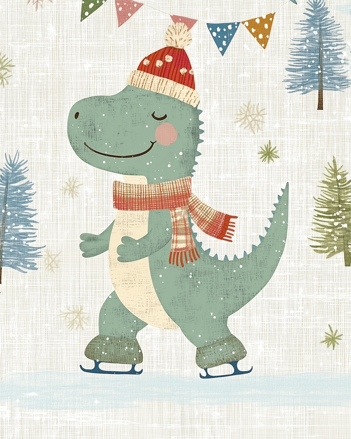 A happy green dinosaur wearing winter clothes glides on ice under falling snowflakes, surrounded by pine trees and colorful pennant banners.