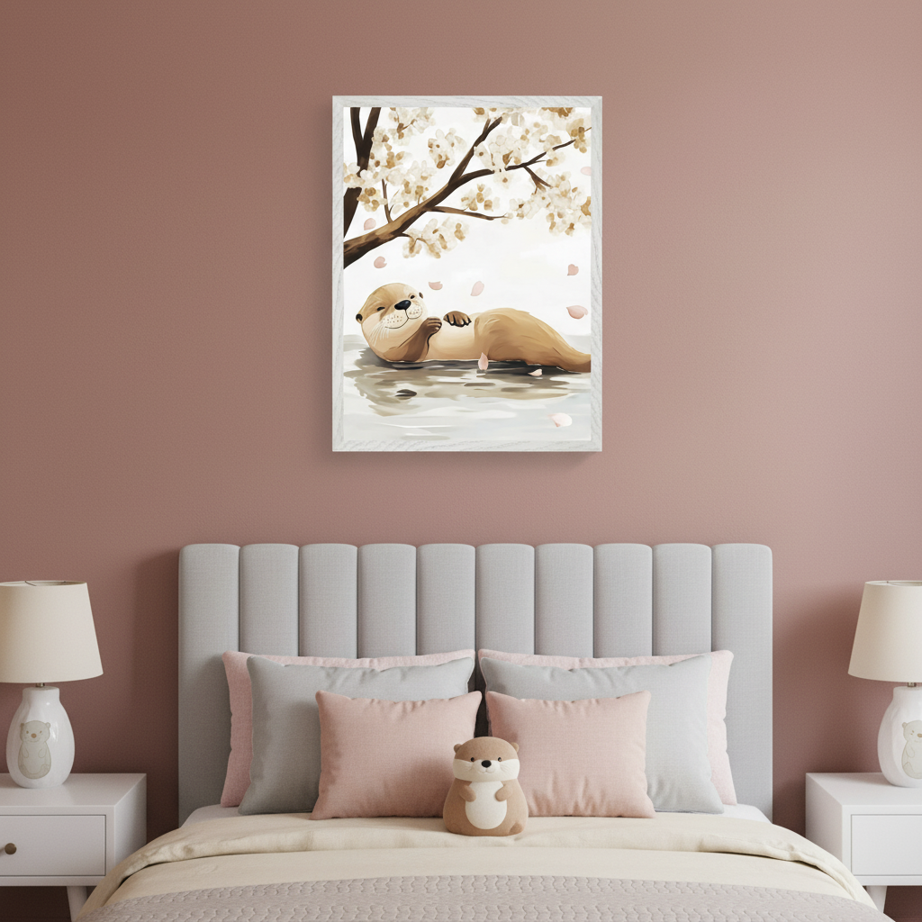 Kid's bedroom with a bed, gray upholstered headboard, and two white nightstands with lamps. A framed illustration of a smiling otter floating on its back in water under a cherry blossom tree hangs on the dusty rose wall above the right side of the bed.