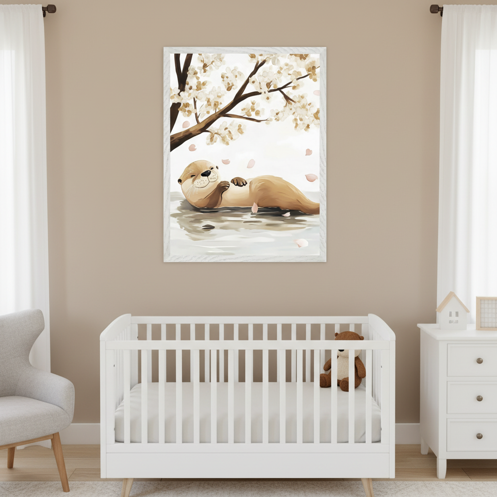 Modern nursery with a white crib, gray armchair, and white dresser. A framed watercolor illustration of an otter floating in water under cherry blossoms hangs centered above the crib.