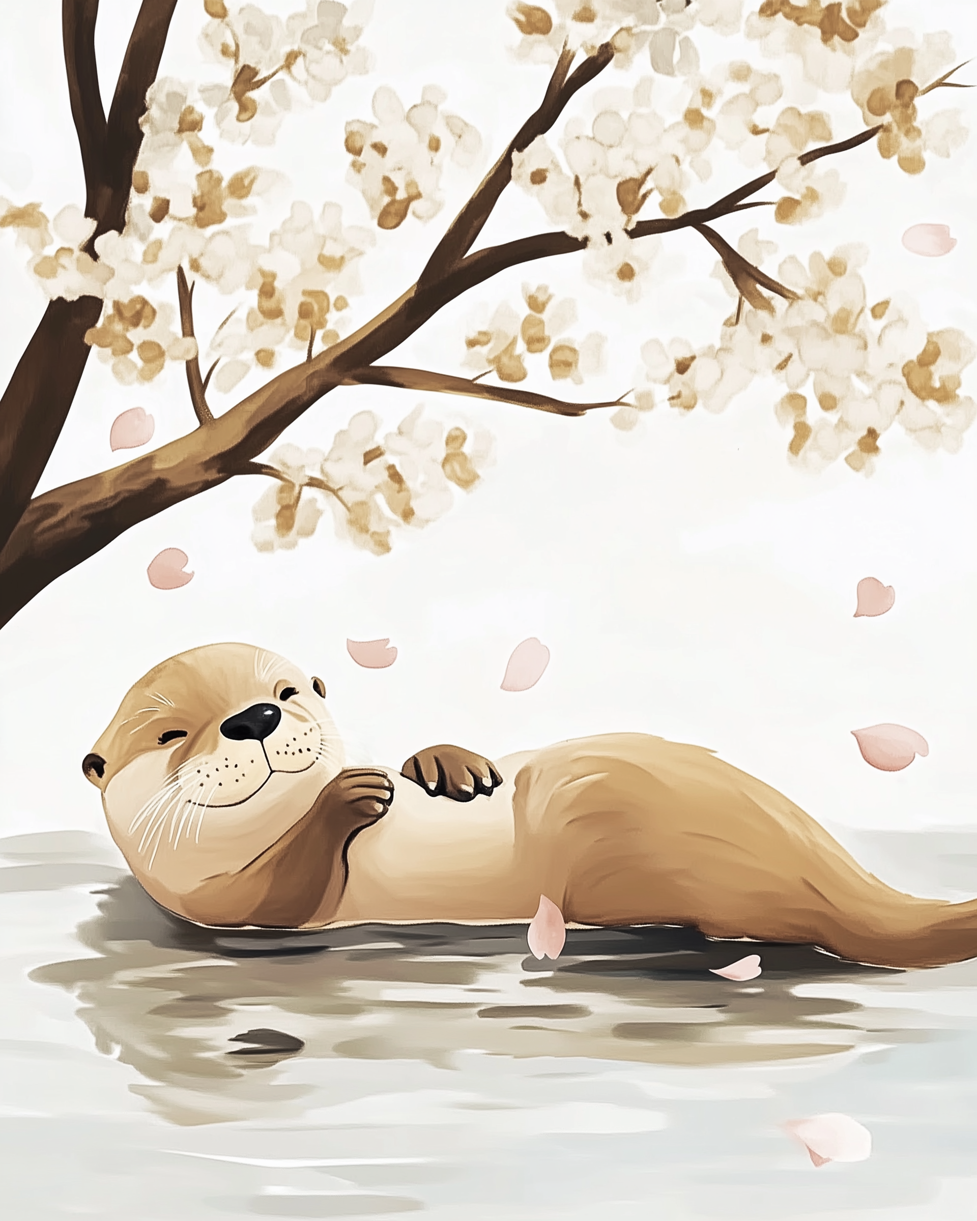A relaxed otter lies in calm water with pink flower petals drifting down from a tree above, creating a peaceful springtime scene.
