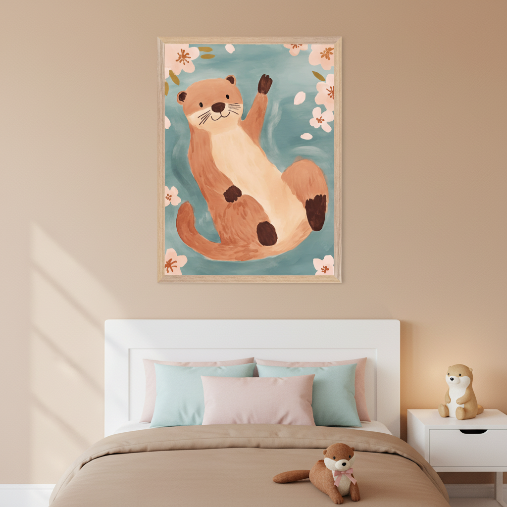 Kid's bedroom with a white bed, neutral duvet, and pastel pillows. A large framed painting of a cartoon otter floating in blue water with pink cherry blossoms hangs above the bed. A white nightstand with an otter lamp is to the right.