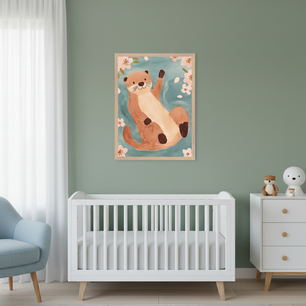 Modern nursery with a green wall. A white crib, light blue armchair, and white dresser are visible. A framed illustration of a smiling brown otter floating on its back in blue water with pink cherry blossoms hangs above the crib.
