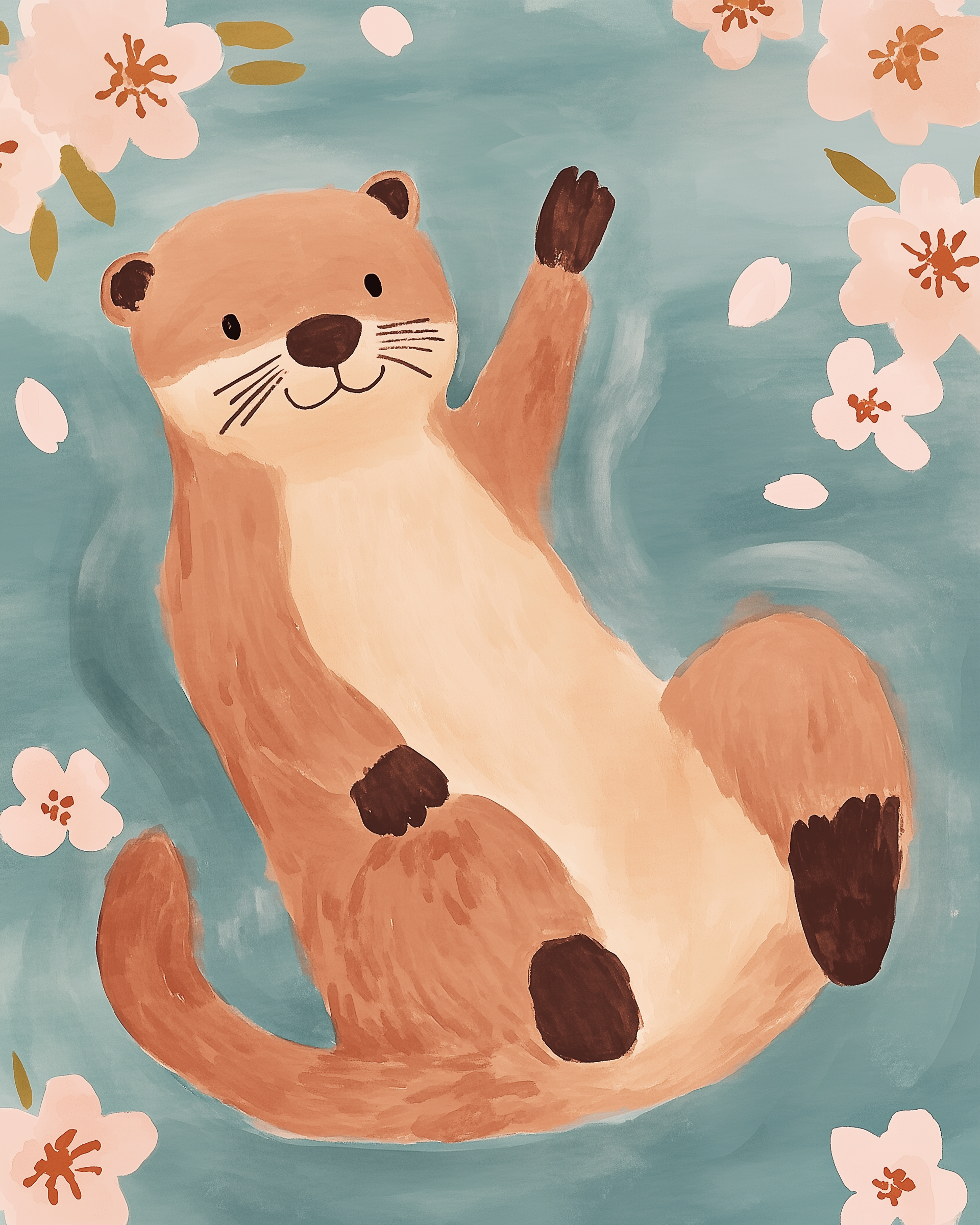 A playful cartoon otter floats on its back in teal water, surrounded by falling cherry blossom petals and waving with a happy expression.