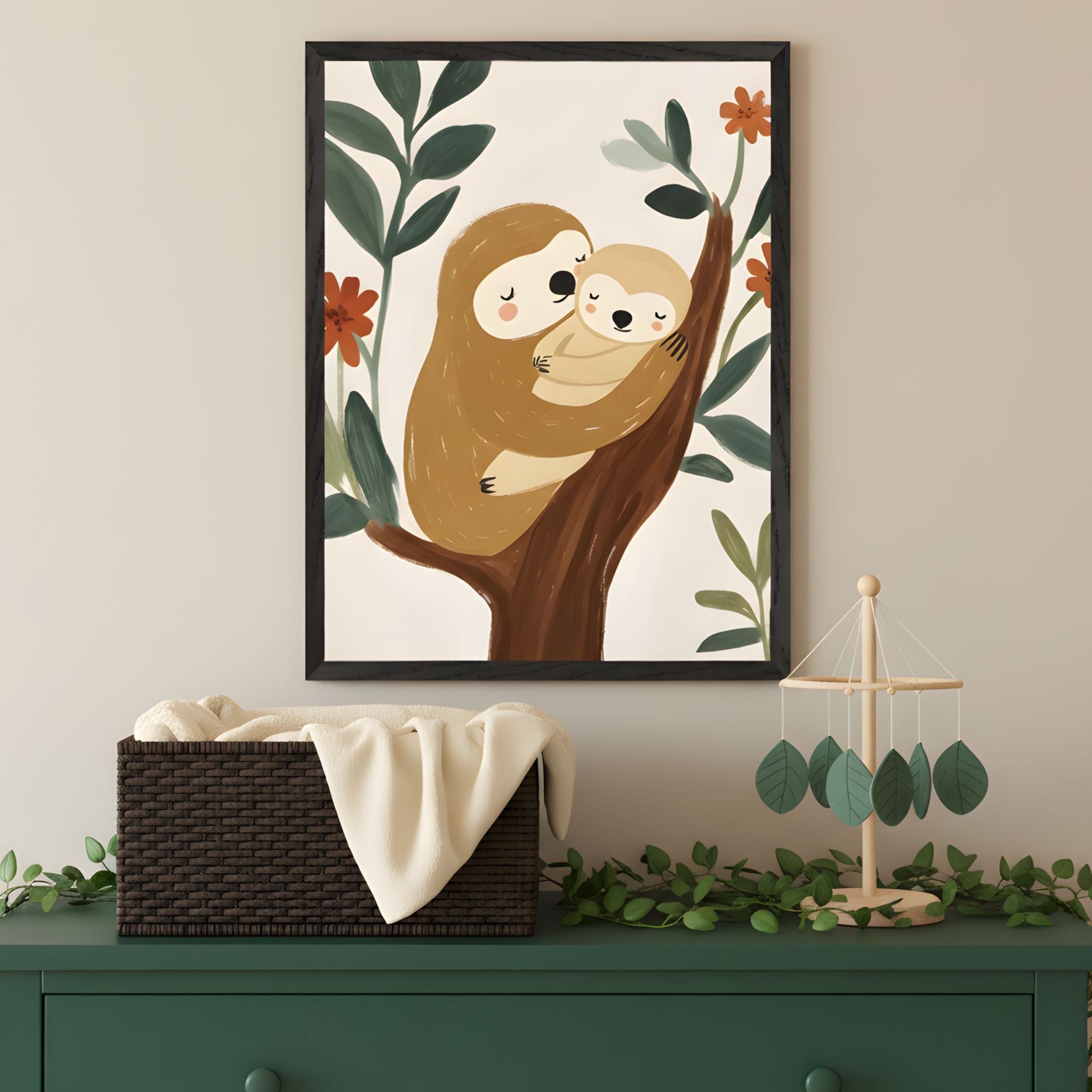 Framed nursery print of a parent sloth cuddling a baby sloth while perched on a tree branch, surrounded by large green leaves and orange flowers. The artwork is displayed above a dark green dresser topped with a wicker basket, a soft cream blanket, and a leaf-themed baby mobile, creating a cozy, nature-inspired space.