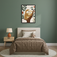 Modern kid's bedroom with green walls. A beige upholstered single bed with brown bedding is on a round rug. Above the bed, a framed illustration shows a mother and baby sloth hugging in a tree. A wooden nightstand with an orange lamp is on the left.