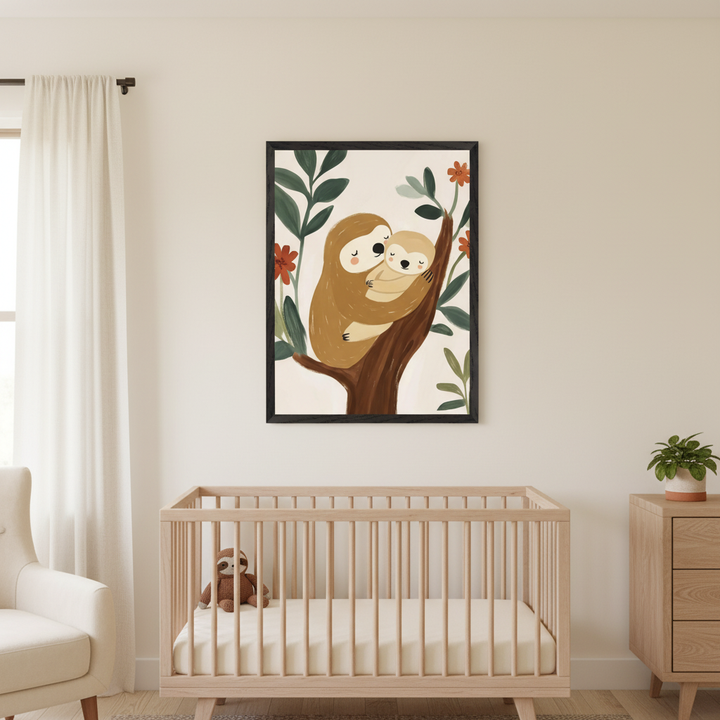Modern nursery with a light wood crib, dresser, and cream armchair. A framed illustration of an adult sloth hugging a baby sloth in a tree with leaves and red flowers hangs above the crib.