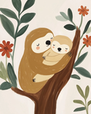 A peaceful mama sloth cuddles her sleeping baby on a tree branch, with large green leaves and red-orange flowers around them.