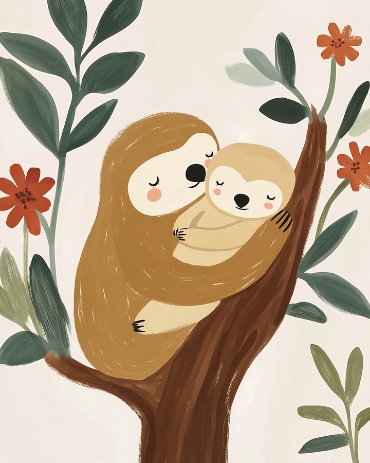 A peaceful mama sloth cuddles her sleeping baby on a tree branch, with large green leaves and red-orange flowers around them.