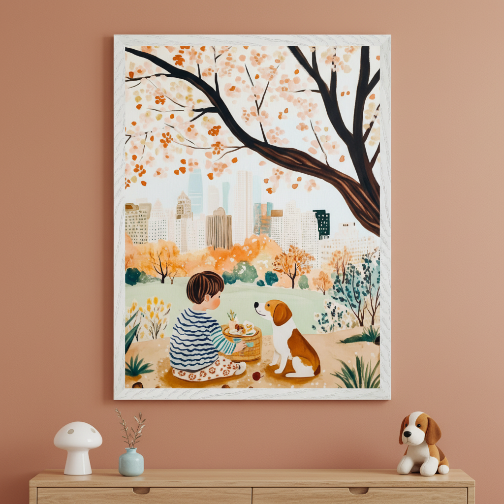 Modern kid's room with a wooden dresser. A large framed watercolor painting of a child and a dog having a picnic under a blossoming tree, with a city in the background, hangs above the dresser. A mushroom lamp, small vase, and dog plush are on the dresser.