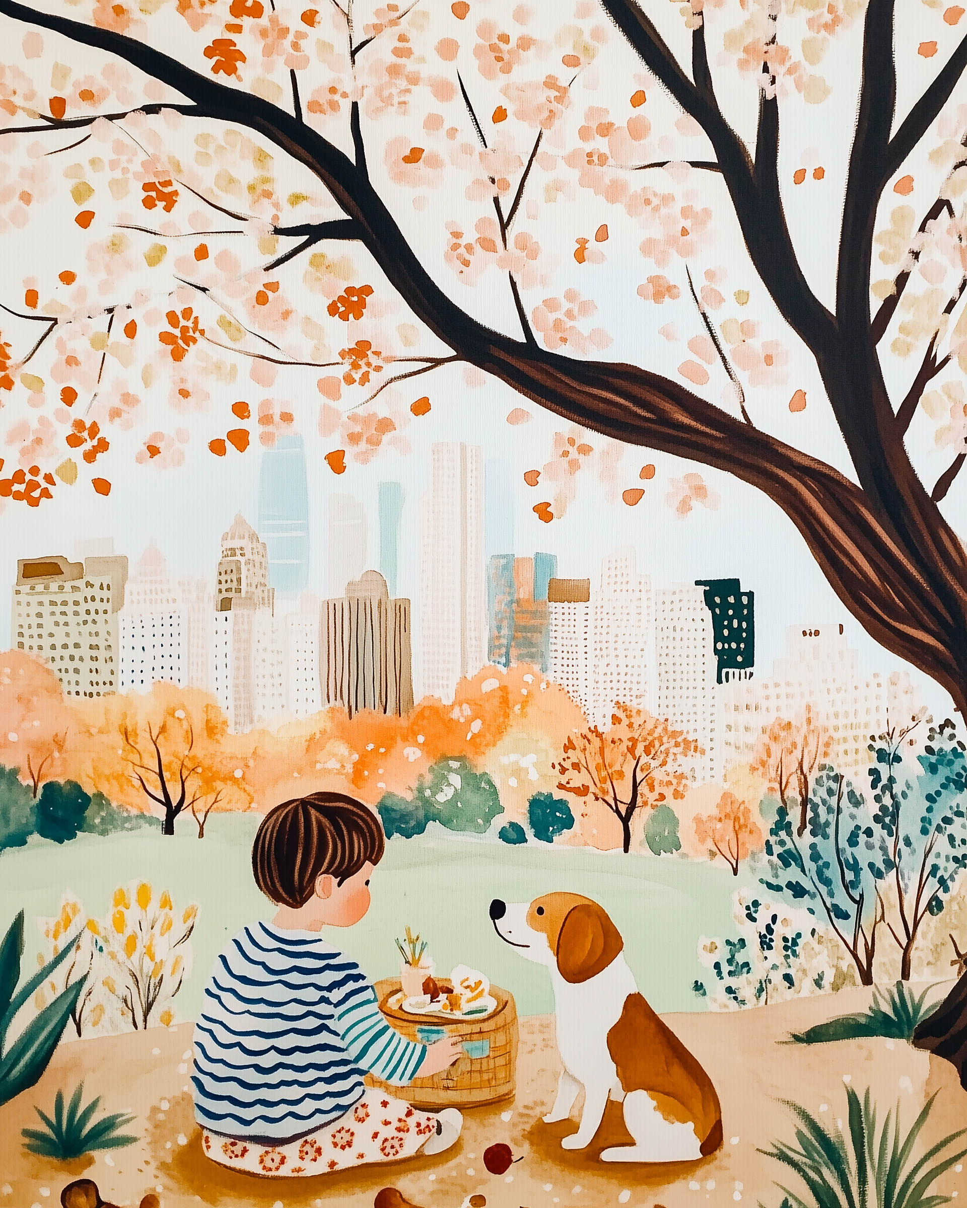 A young child shares a picnic with a beagle on a grassy hill, framed by blooming cherry blossoms and a city skyline in the background.
