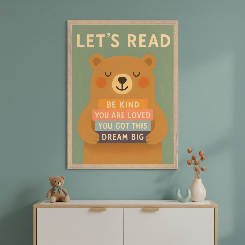 Kid's room with a blue-green wall. A framed poster with 'LET'S READ' and a cartoon brown bear holding books saying 'BE KIND', 'YOU ARE LOVED', 'YOU GOT THIS', 'DREAM BIG' hangs centered above a white and wood dresser. A teddy bear sits on the dresser.