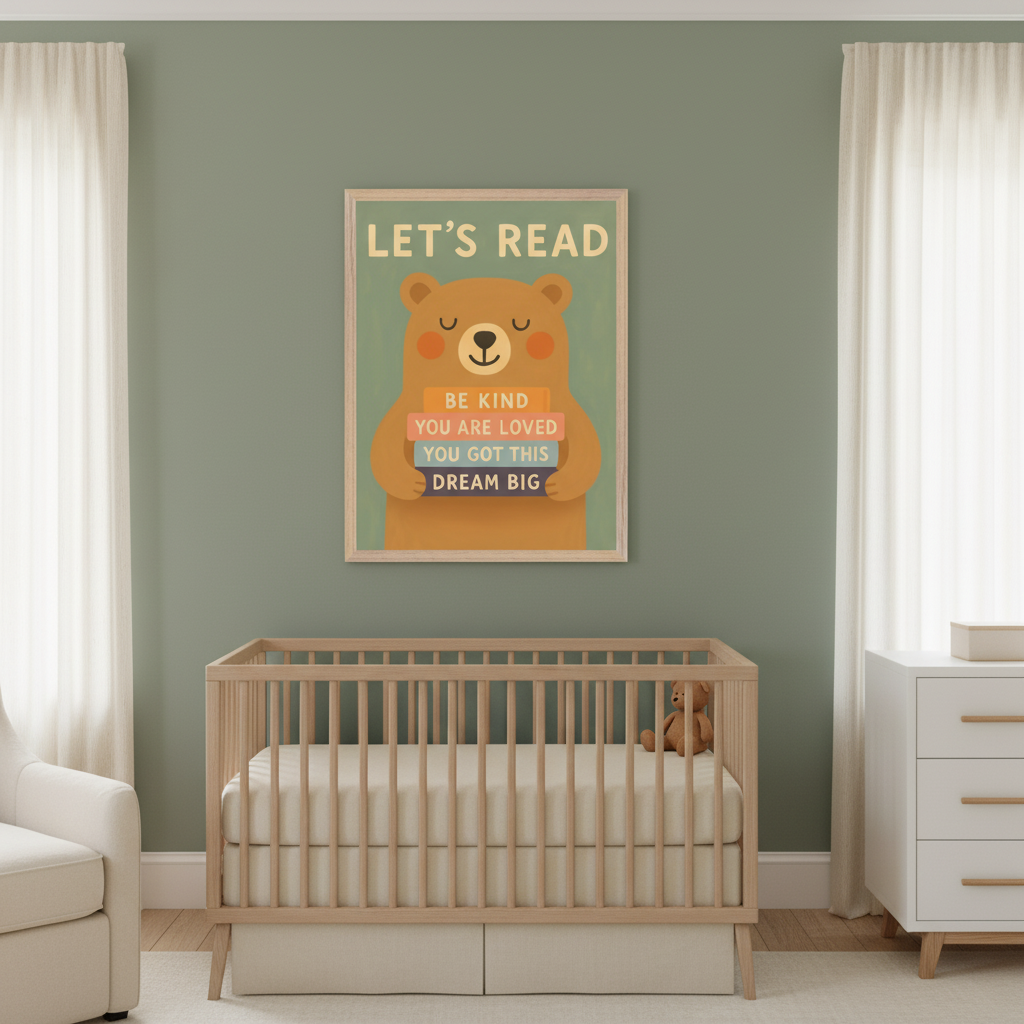 Modern nursery with a light wood crib, white dresser, and armchair. A large framed print of a cartoon brown bear holding books with text 'LET'S READ' and encouraging messages hangs centered above the crib on a sage green wall.